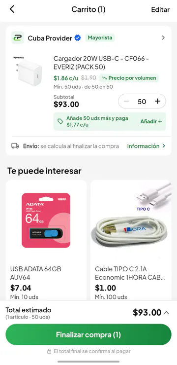 Carrito de la app avisando cuántas pcs faltan para el siguiente escalón de precio