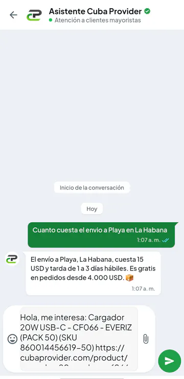 Chat del asistente de Cuba Provider en la app, abierto desde una ficha