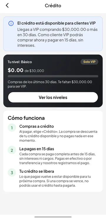 Pantalla de crédito de la app para clientes VIP