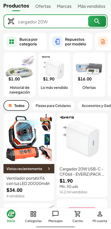 Inicio de la app de Cuba Provider: buscador con escáner, accesos y productos