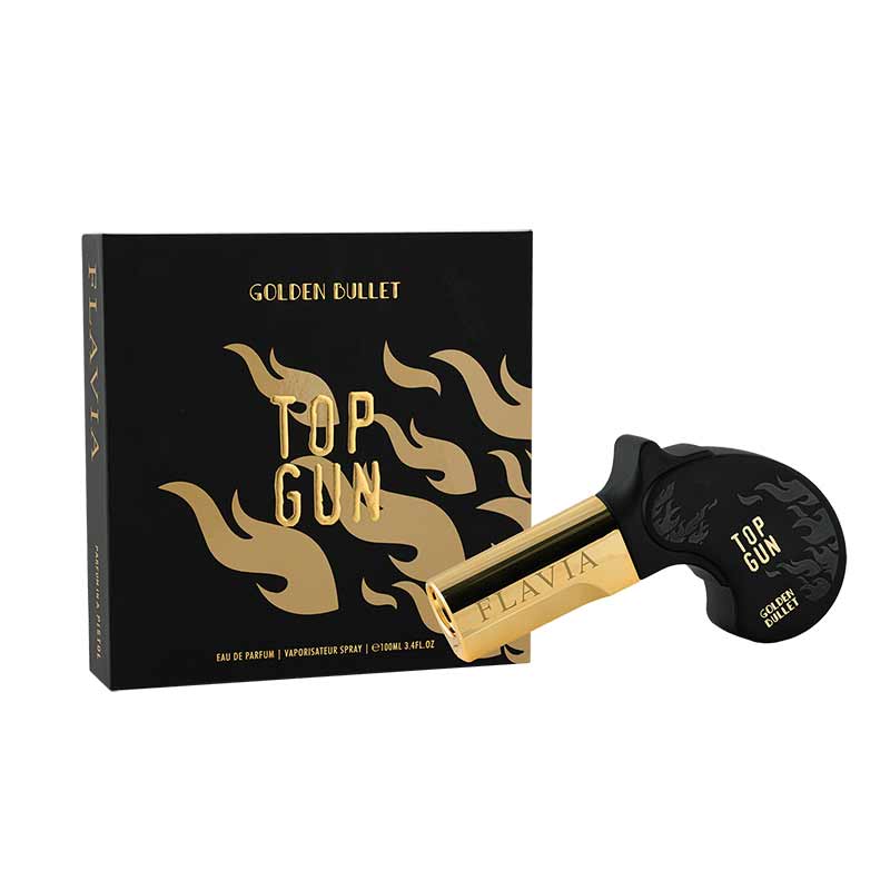 Golden Bullet Top Gun Eau de Parfum en presentación de 100 ml (3.4 FL.OZ), con un diseño impactante y llamativo, ideal para quienes buscan destacar. Golden Bullet Top Gun Eau de Parfum - 100ml (3.4 FL.OZ) - Imagen 1