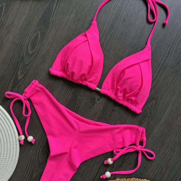 Conjunto de bikini sexy de unicolor con lazo en el cuello para mujer, ideal para viajar