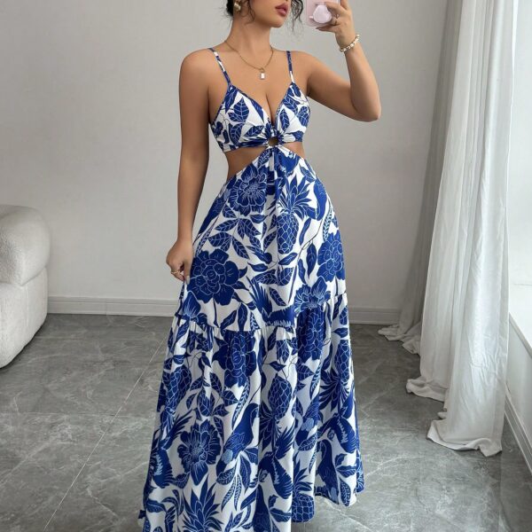 Elenzga Vestido casual/de trabajo de longitud media sin mangas con estampado que estiliza la línea de la cintura para mujer