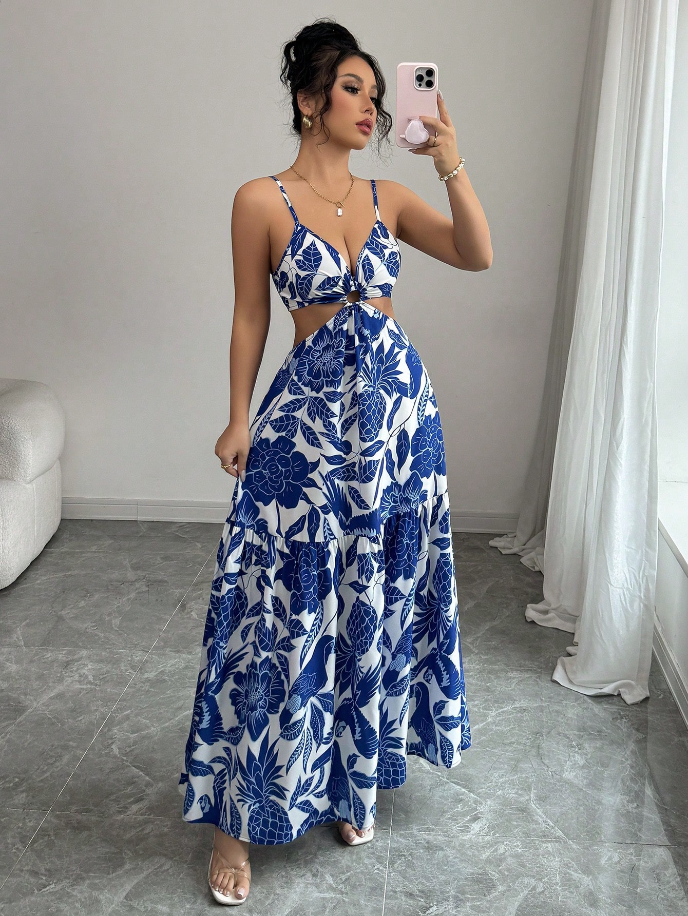Elenzga Vestido casual/de trabajo de longitud media sin mangas con estampado que estiliza la línea de la cintura para mujer - Imagen 1
