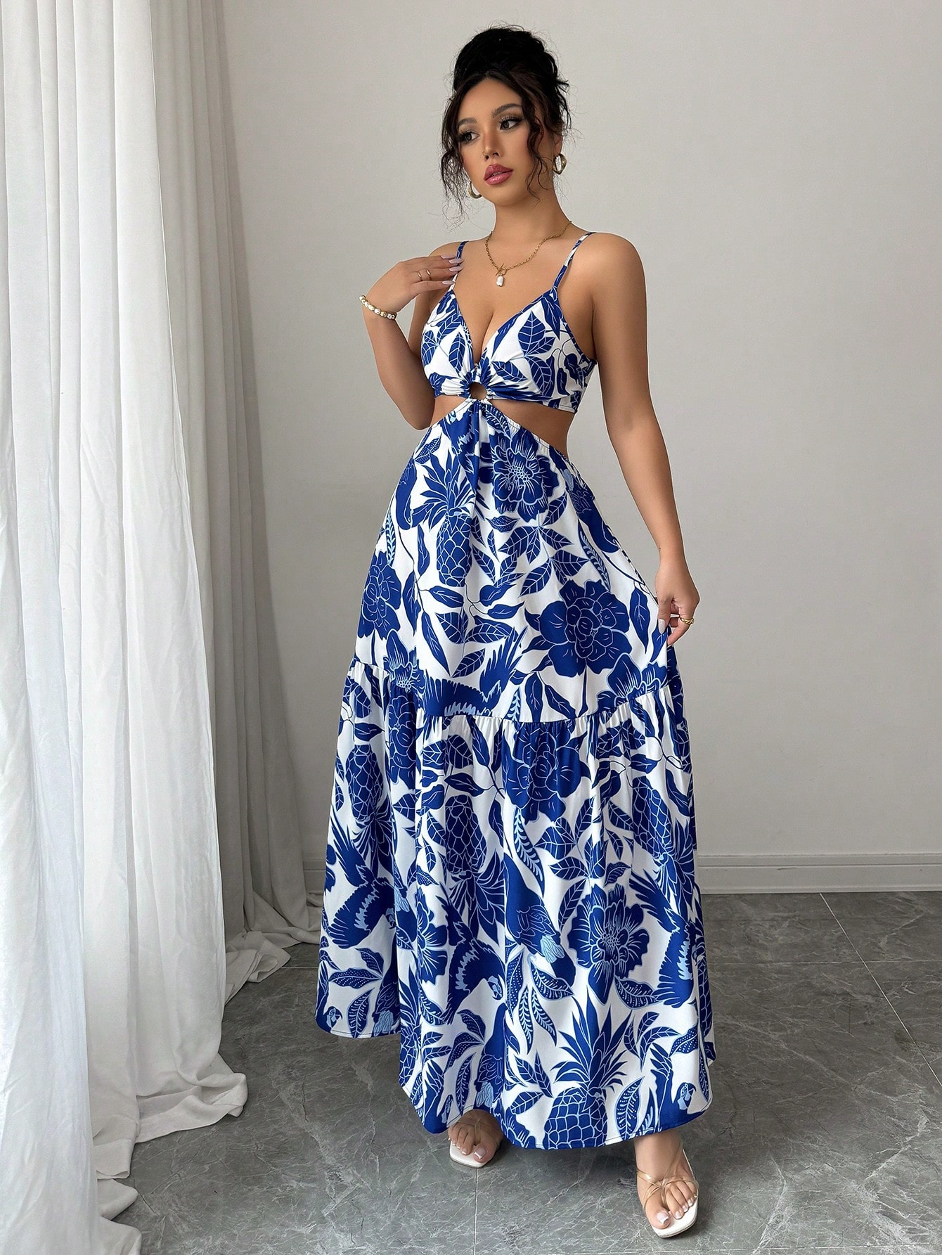 Elenzga Vestido casual/de trabajo de longitud media sin mangas con estampado que estiliza la línea de la cintura para mujer - Imagen 5