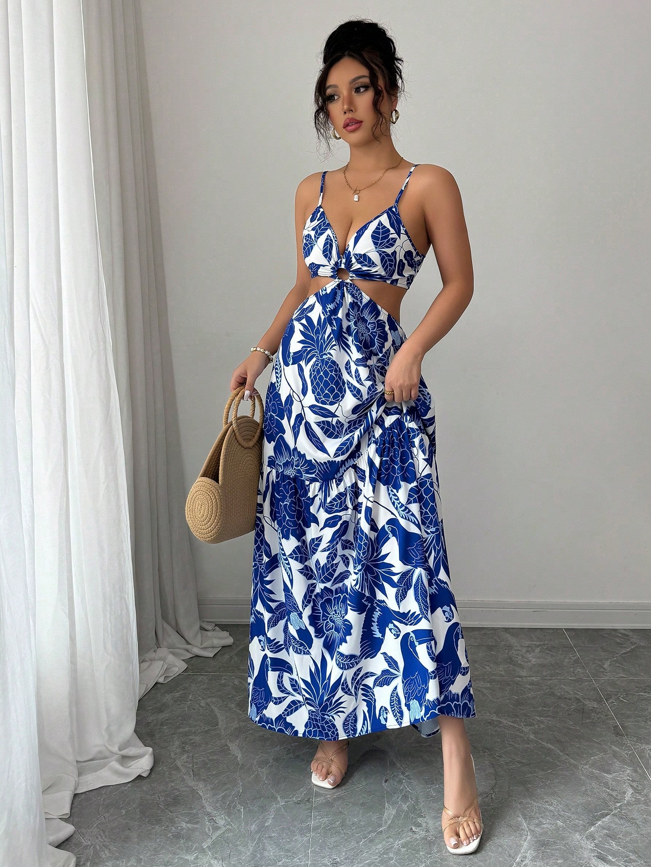 Elenzga Vestido casual/de trabajo de longitud media sin mangas con estampado que estiliza la línea de la cintura para mujer - Imagen 4