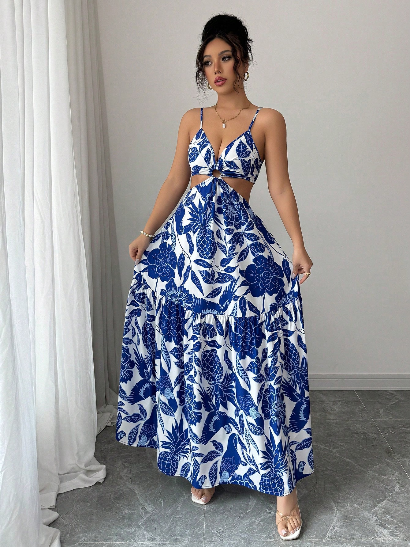 Elenzga Vestido casual/de trabajo de longitud media sin mangas con estampado que estiliza la línea de la cintura para mujer - Imagen 3