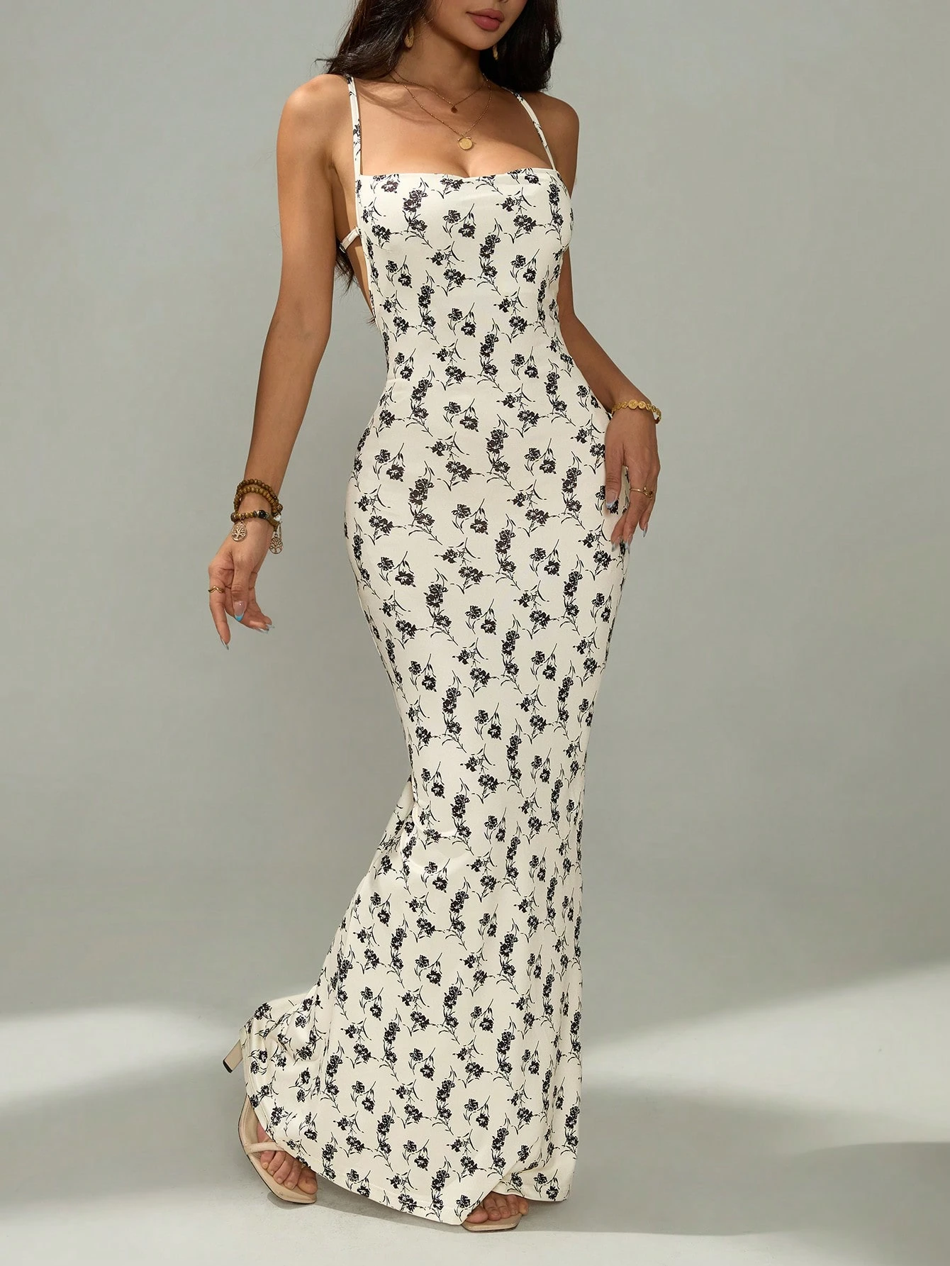 PETITE Vestido largo de punto con estampado de vacaciones, cuello swing y espalda - Imagen 3