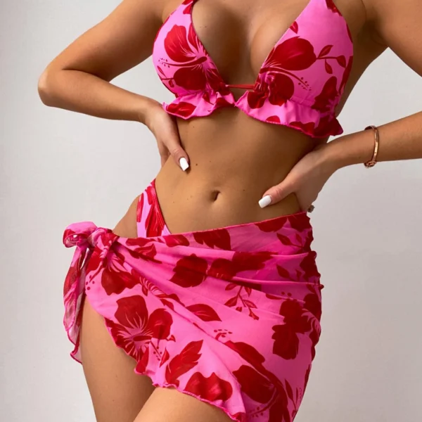 Swim Conjunto de bikini con estampado floral, sujetador halter, parte inferior hipster y falda de pla