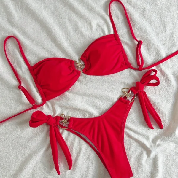 Swim Conjunto de bikini con tirantes, decoración de estrella de mar de metal y cordón lateral, color liso, sexy,