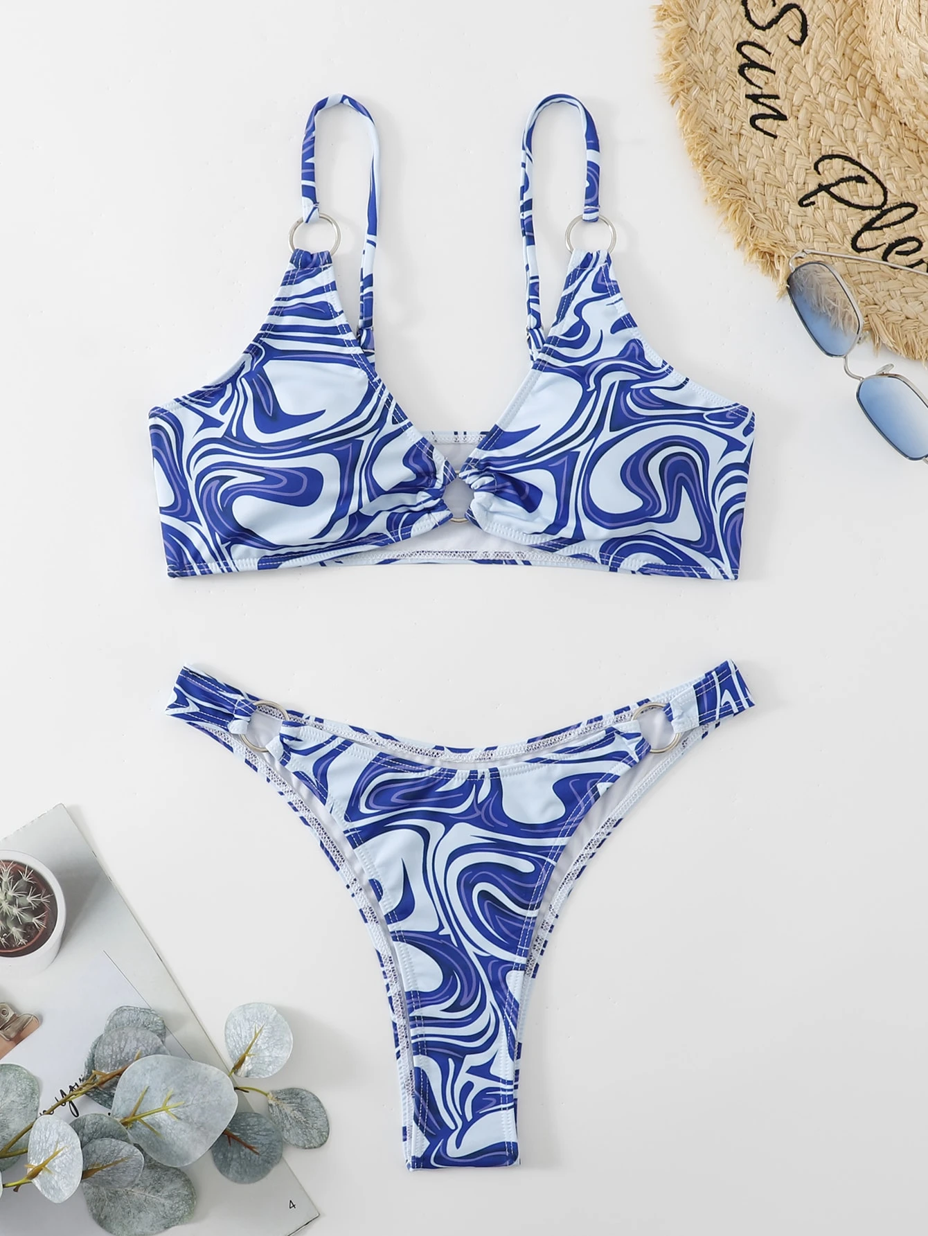 Swim Conjunto de bikini de 2 piezas con estampado de mármol para el verano, sujetador con aro sin cables y - Imagen 5