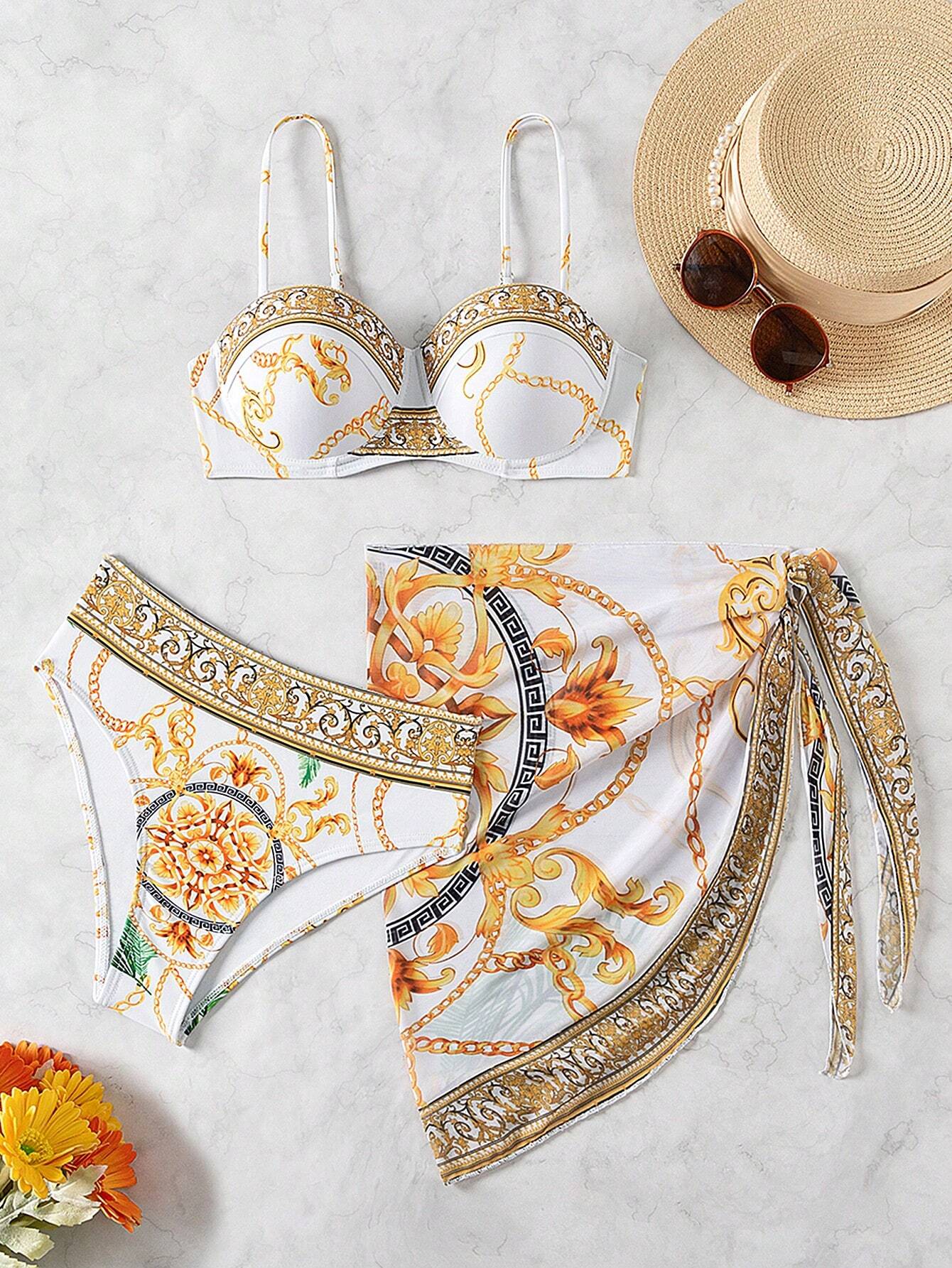 Swim Conjunto de bikini de 3 piezas con estampado de cadena, bikini y falda envolvente para cubrir para vacaciones de verano para mujeres - Imagen 4