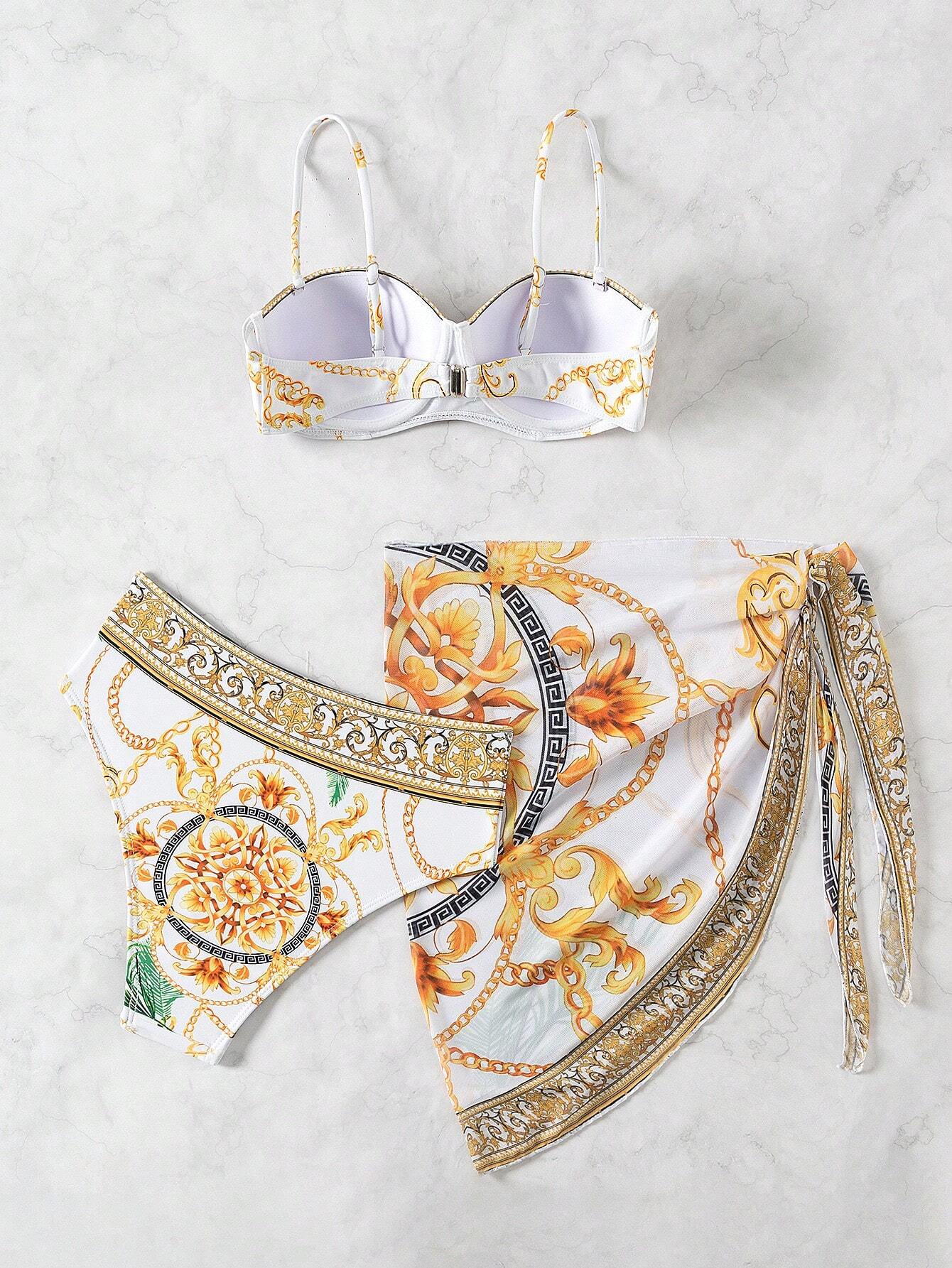 Swim Conjunto de bikini de 3 piezas con estampado de cadena, bikini y falda envolvente para cubrir para vacaciones de verano para mujeres - Imagen 3