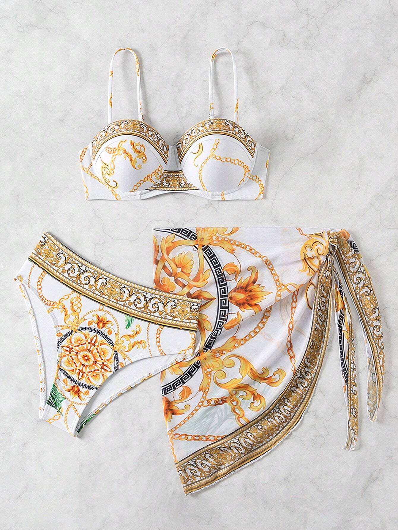 Swim Conjunto de bikini de 3 piezas con estampado de cadena, bikini y falda envolvente para cubrir para vacaciones de verano para mujeres - Imagen 2