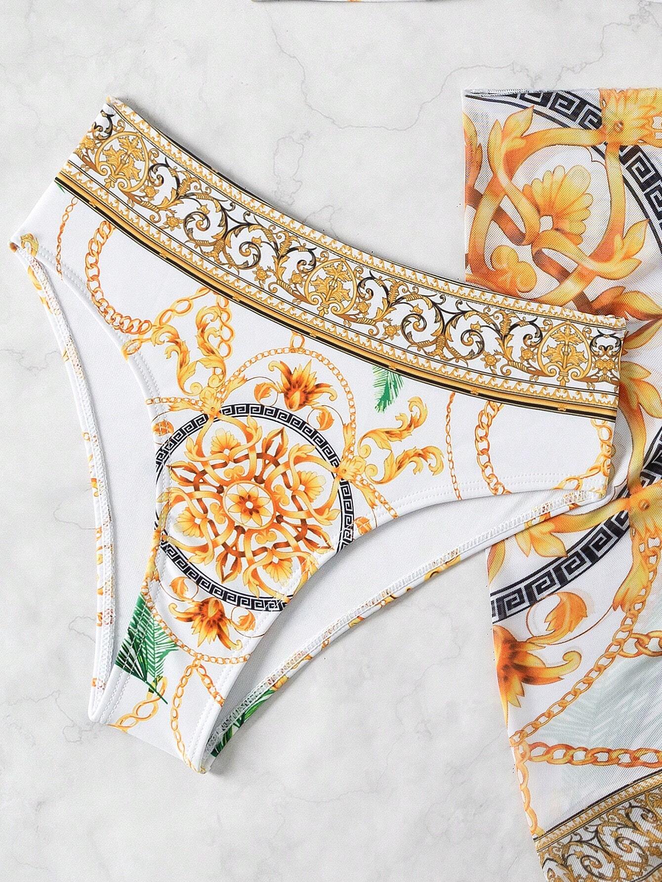 Swim Conjunto de bikini de 3 piezas con estampado de cadena, bikini y falda envolvente para cubrir para vacaciones de verano para mujeres - Imagen 1