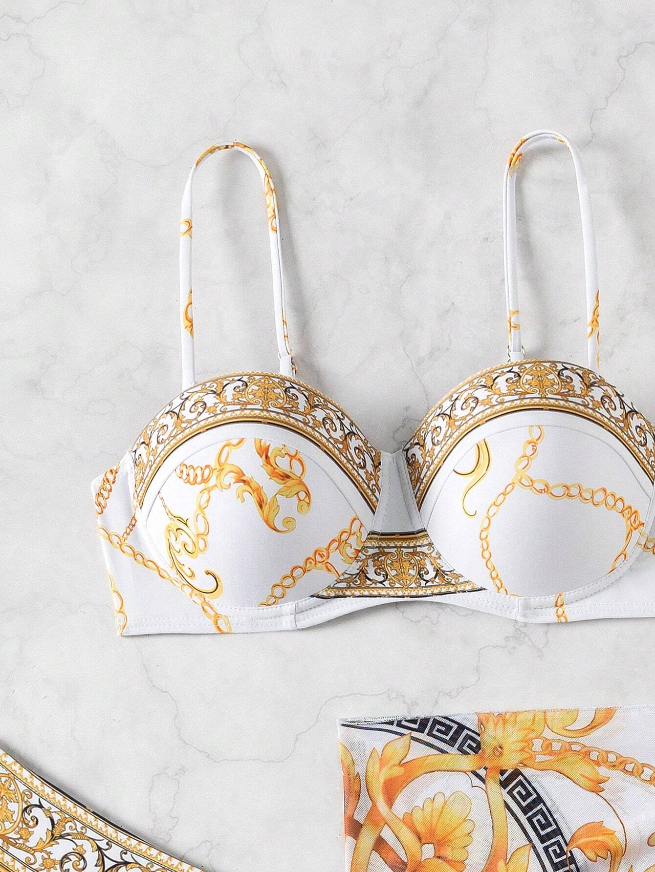 Swim Conjunto de bikini de 3 piezas con estampado de cadena, bikini y falda envolvente para cubrir para vacaciones de verano para mujeres - Imagen 5