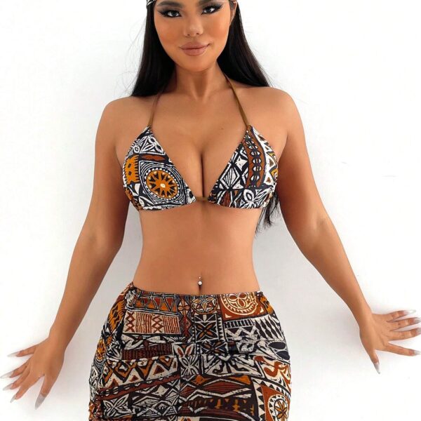Swim Conjunto de bikini de 4 piezas para playa de verano, con taza triangular de parche estampado y cuello de halter