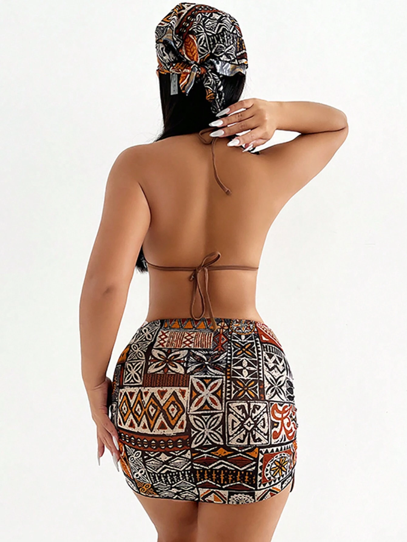 Swim Conjunto de bikini de 4 piezas para playa de verano, con taza triangular de parche estampado y cuello de halter - Imagen 5