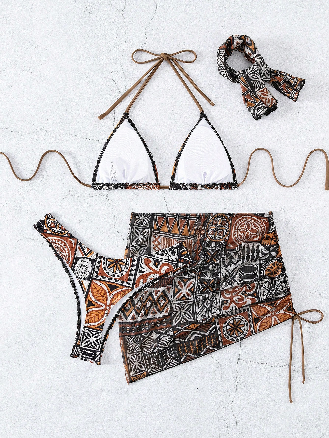 Swim Conjunto de bikini de 4 piezas para playa de verano, con taza triangular de parche estampado y cuello de halter - Imagen 3