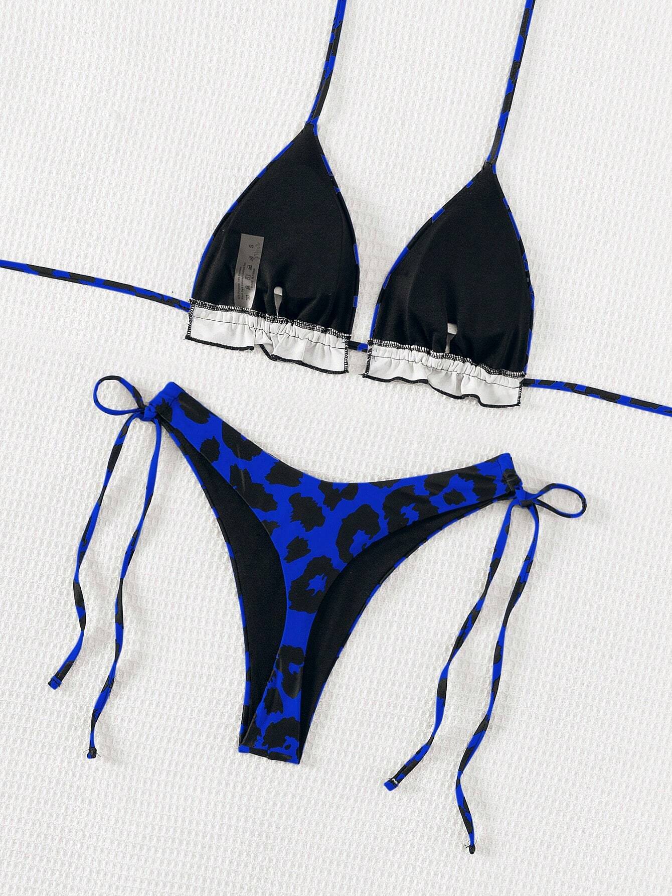 Swim Conjunto de bikini de dos piezas con cuello halter y estampado de leopardo para mujer para la playa de verano - Imagen 2