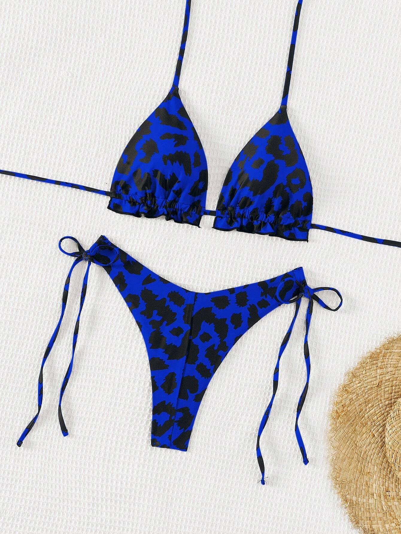 Swim Conjunto de bikini de dos piezas con cuello halter y estampado de leopardo para mujer para la playa de verano - Imagen 1