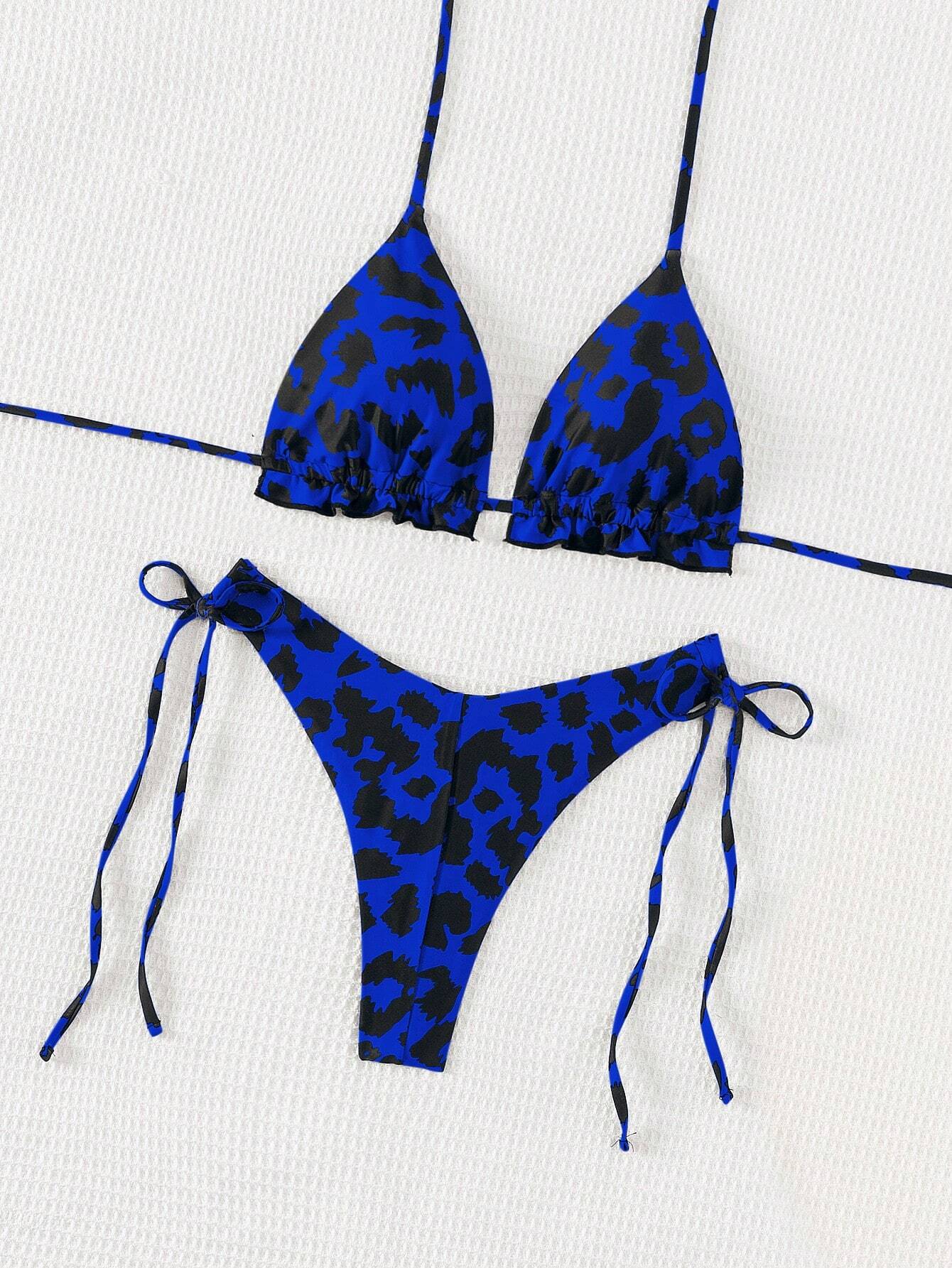 Swim Conjunto de bikini de dos piezas con cuello halter y estampado de leopardo para mujer para la playa de verano - Imagen 5