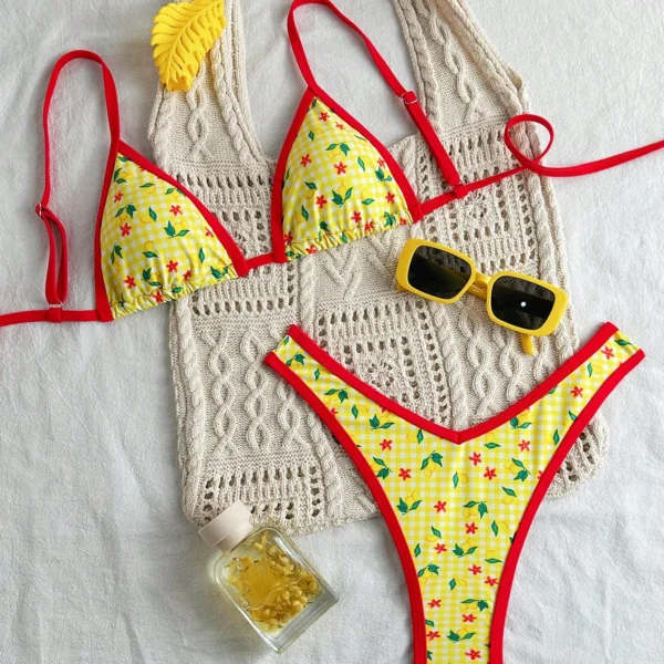 Swim Conjunto de bikini de tiras de espagueti con corte alto y estampado aleatorio para