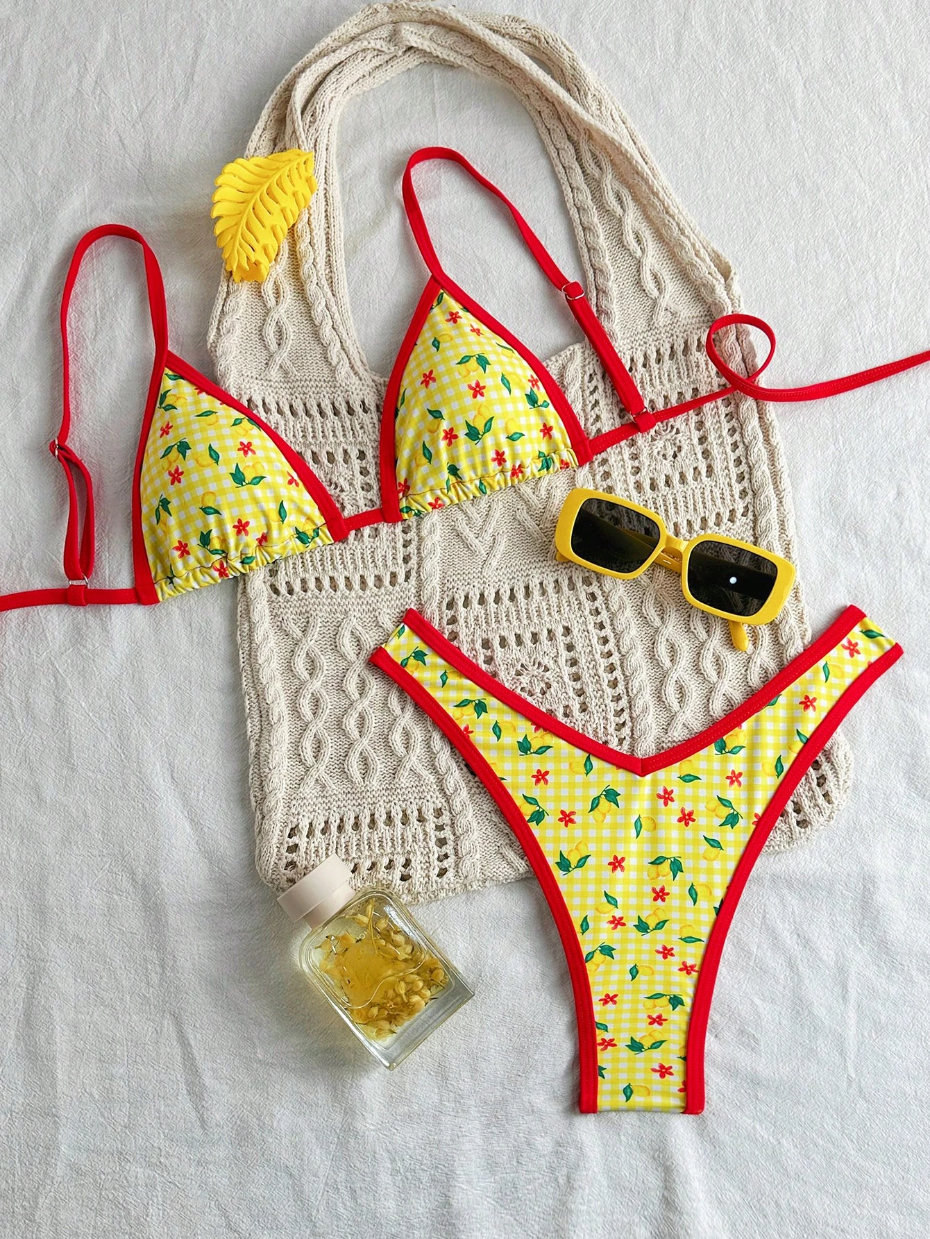 Swim Conjunto de bikini de tiras de espagueti con corte alto y estampado aleatorio para - Imagen 1