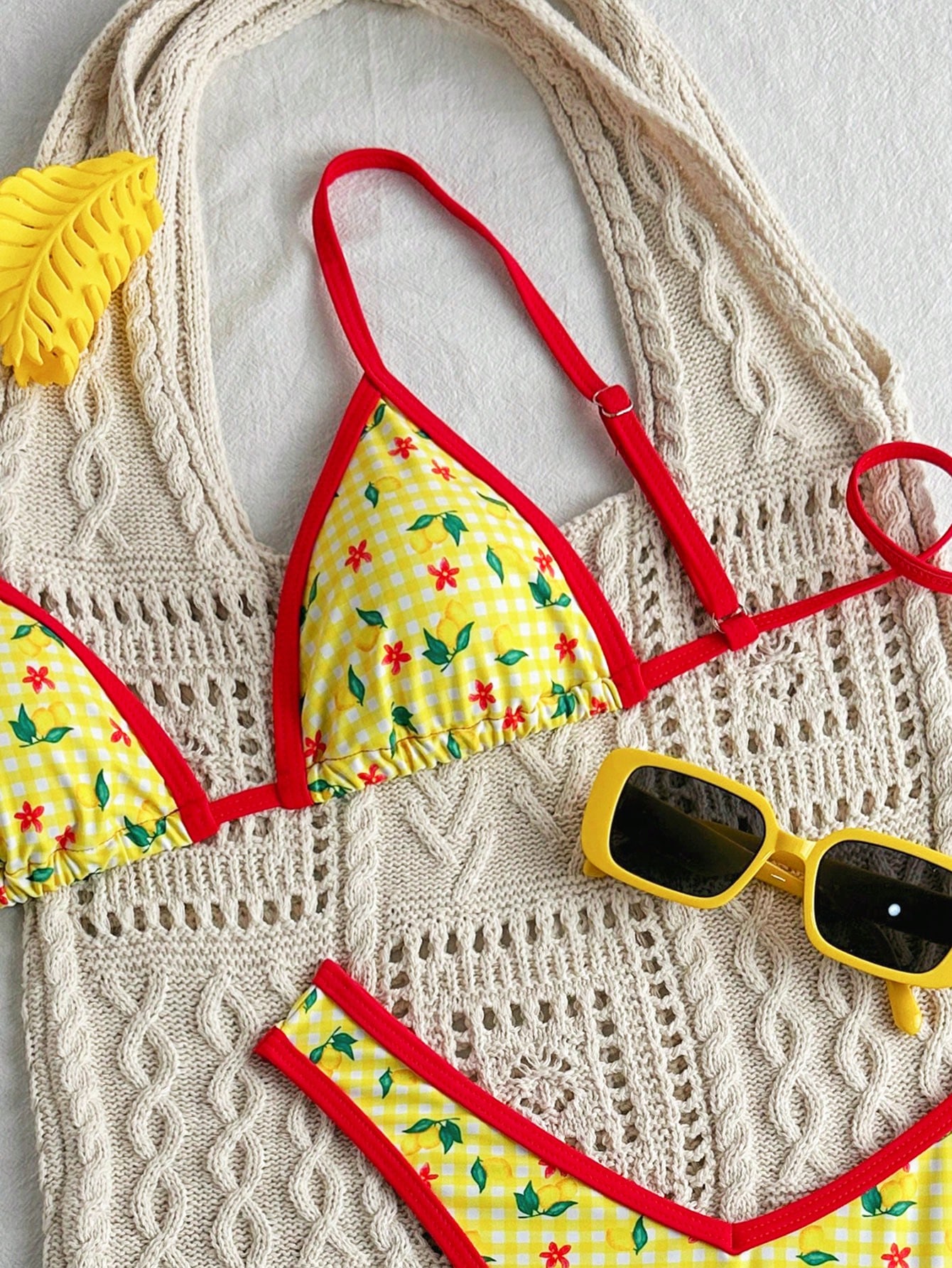 Swim Conjunto de bikini de tiras de espagueti con corte alto y estampado aleatorio para - Imagen 3