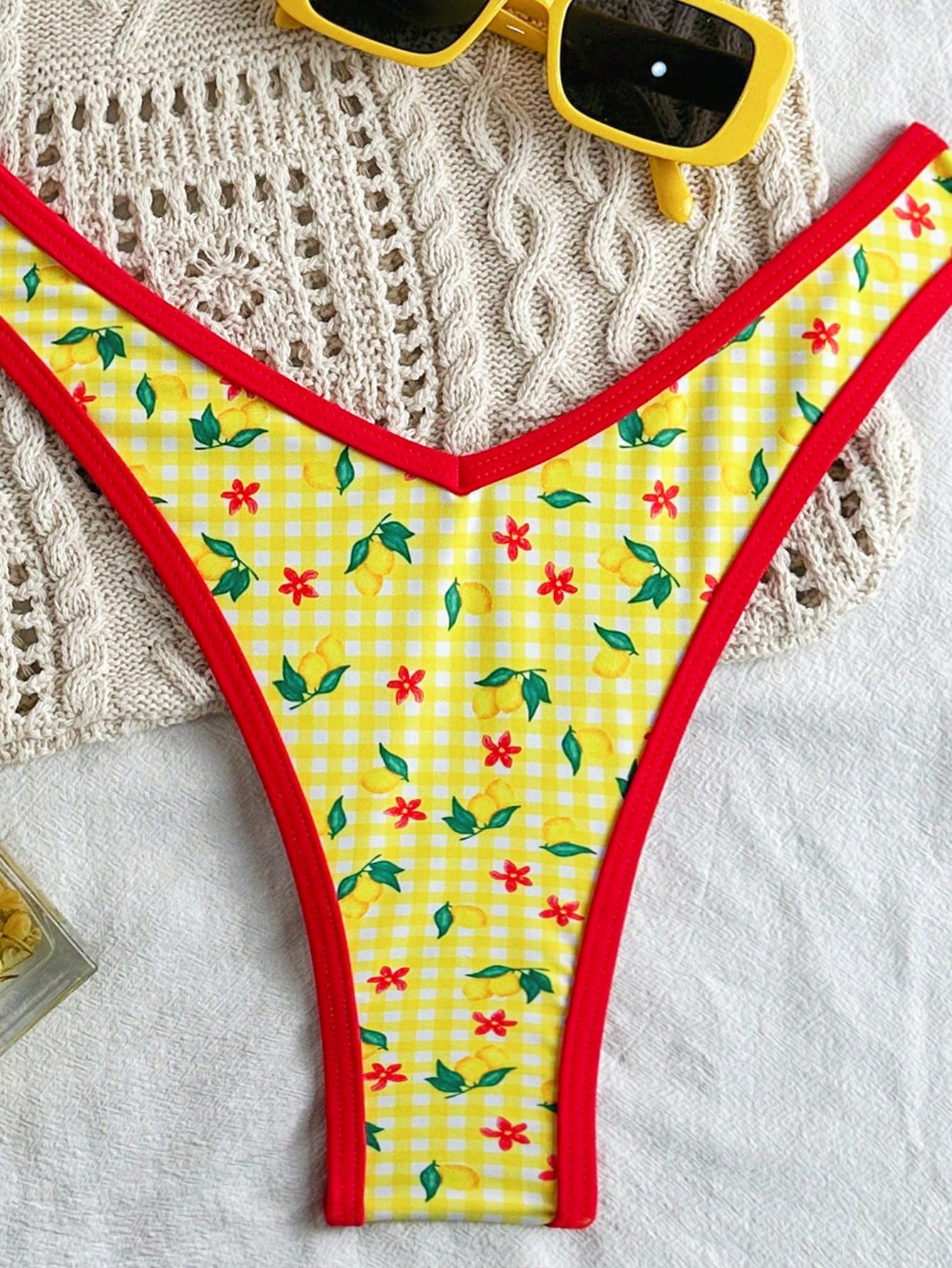 Swim Conjunto de bikini de tiras de espagueti con corte alto y estampado aleatorio para - Imagen 2