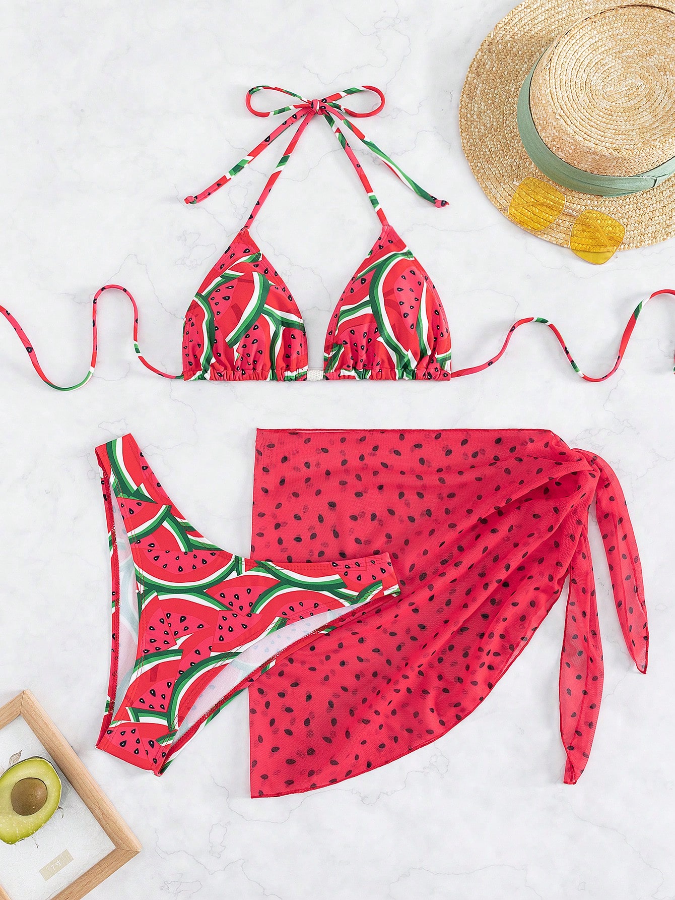Swim Conjunto de bikini de triángulo con halter con estampado de sandía para playa de verano co - Imagen 3