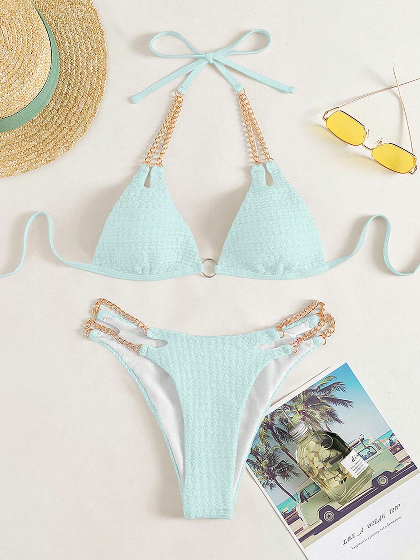 Swim Conjunto de bikini de triángulo con tirantes y cadena para playa de verano - Imagen 6