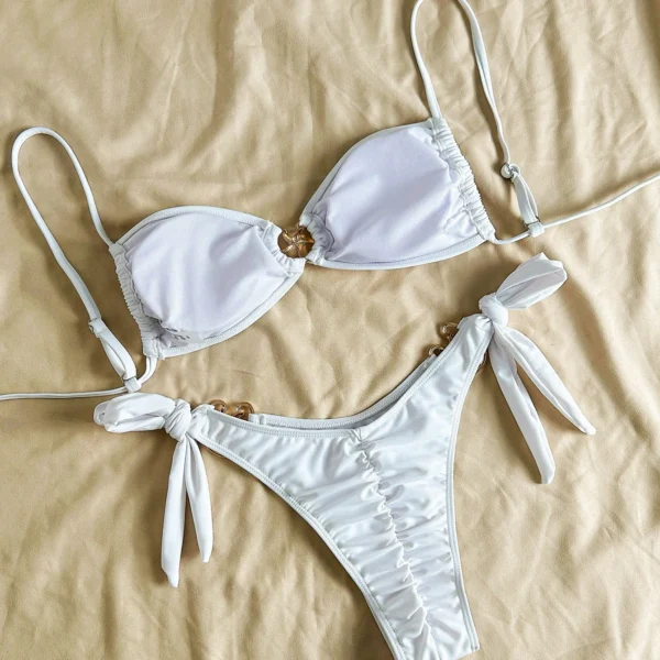 Swim Conjunto de bikini sexy de unicolor con decoración de estrella de mar metálica y lazos laterales