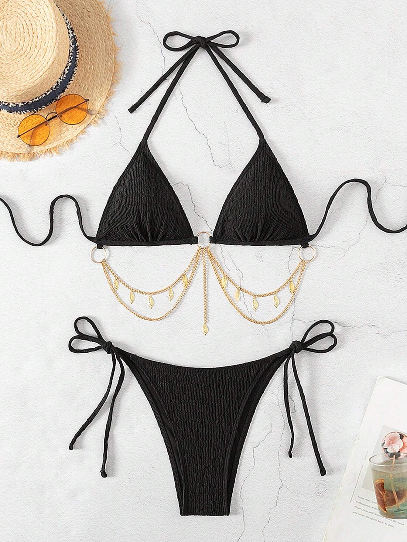 Swim Conjunto de bikini sexy para mujer con corbata en el cuello y unicolor, ropa de baño de playa de verano - Imagen 3