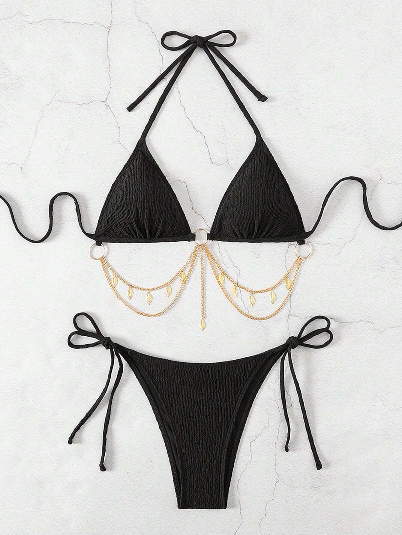 Swim Conjunto de bikini sexy para mujer con corbata en el cuello y unicolor, ropa de baño de playa de verano - Imagen 5