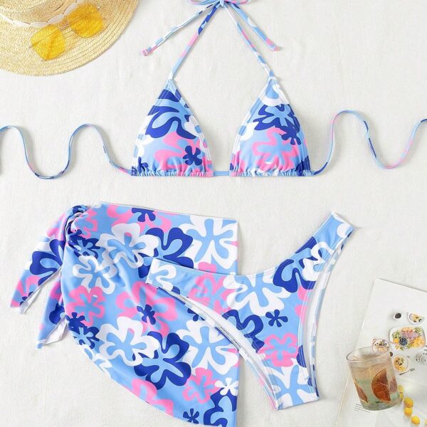 Swim Conjunto de bikini sexy y halter de flores para vacaciones de mujer, con falda cubierta y