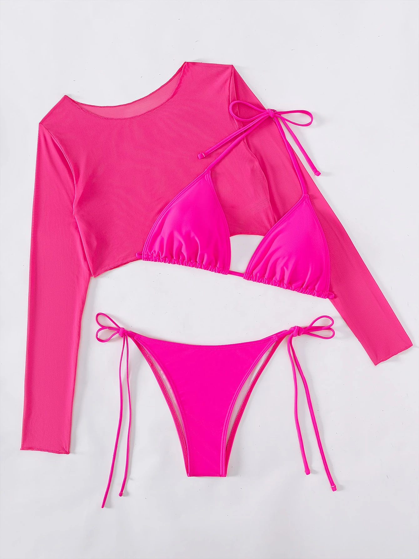 Swim Conjunto de bikini unicolor Sujetador halter y bottom de tanga con lazo lateral y parte superior - Imagen 2