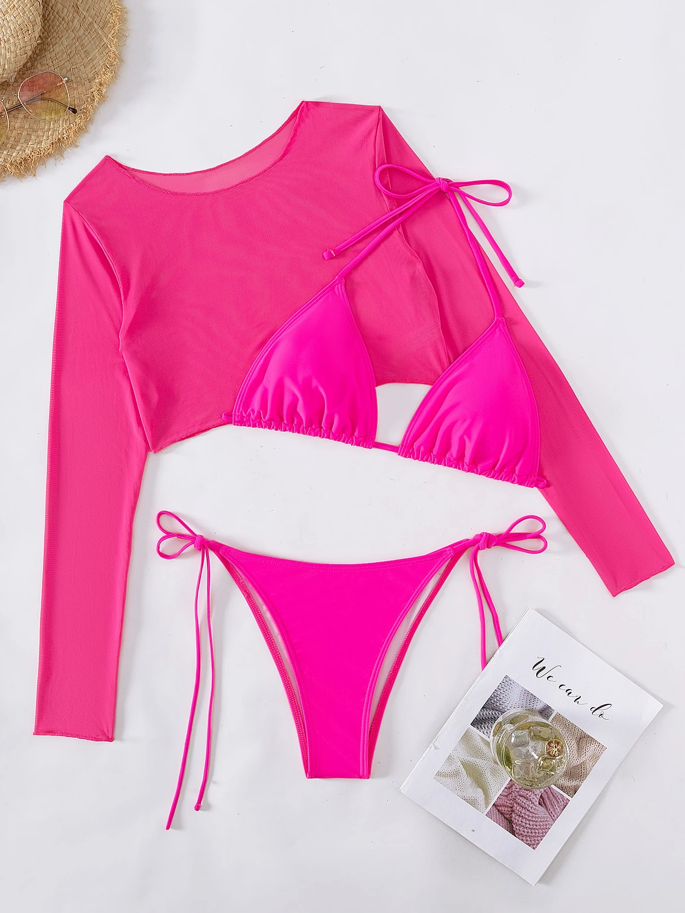 Swim Conjunto de bikini unicolor Sujetador halter y bottom de tanga con lazo lateral y parte superior - Imagen 7