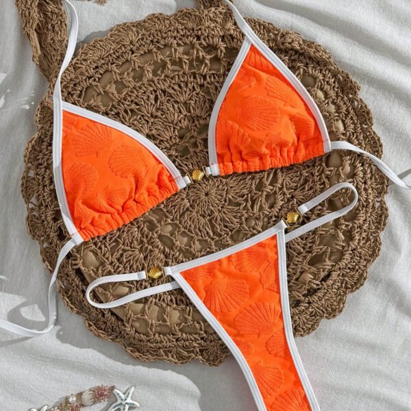 Traje de baño de 3 piezas sexy para mujer con detalles de conchas, tirantes ajustables, Bottom tipo tanga, atuendo para la playa