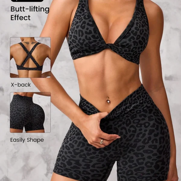 Slayoga Set deportivo de 2 piezas de sujetador y shorts con estampado de leopardo y nudo torcido