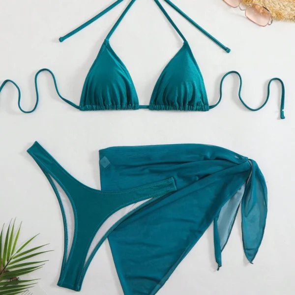 Set de 3 piezas de moda y sexy para el verano: falda de rejilla y parte superior/inferior de bikini