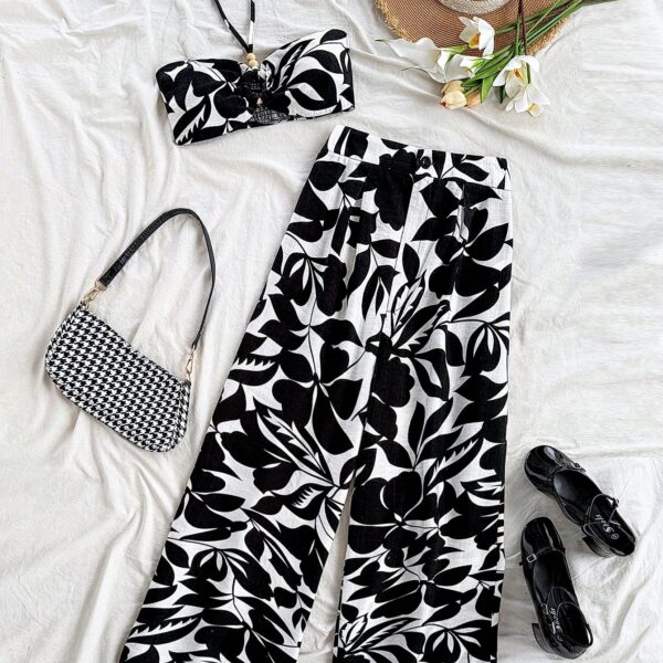 Soleia Conjunto de 2 piezas para mujer: Top con atar en el cuello y pantalones con estampado floral de cintura elástica para vacaciones, primavera y verano - Conjunto de playa negro y blanco