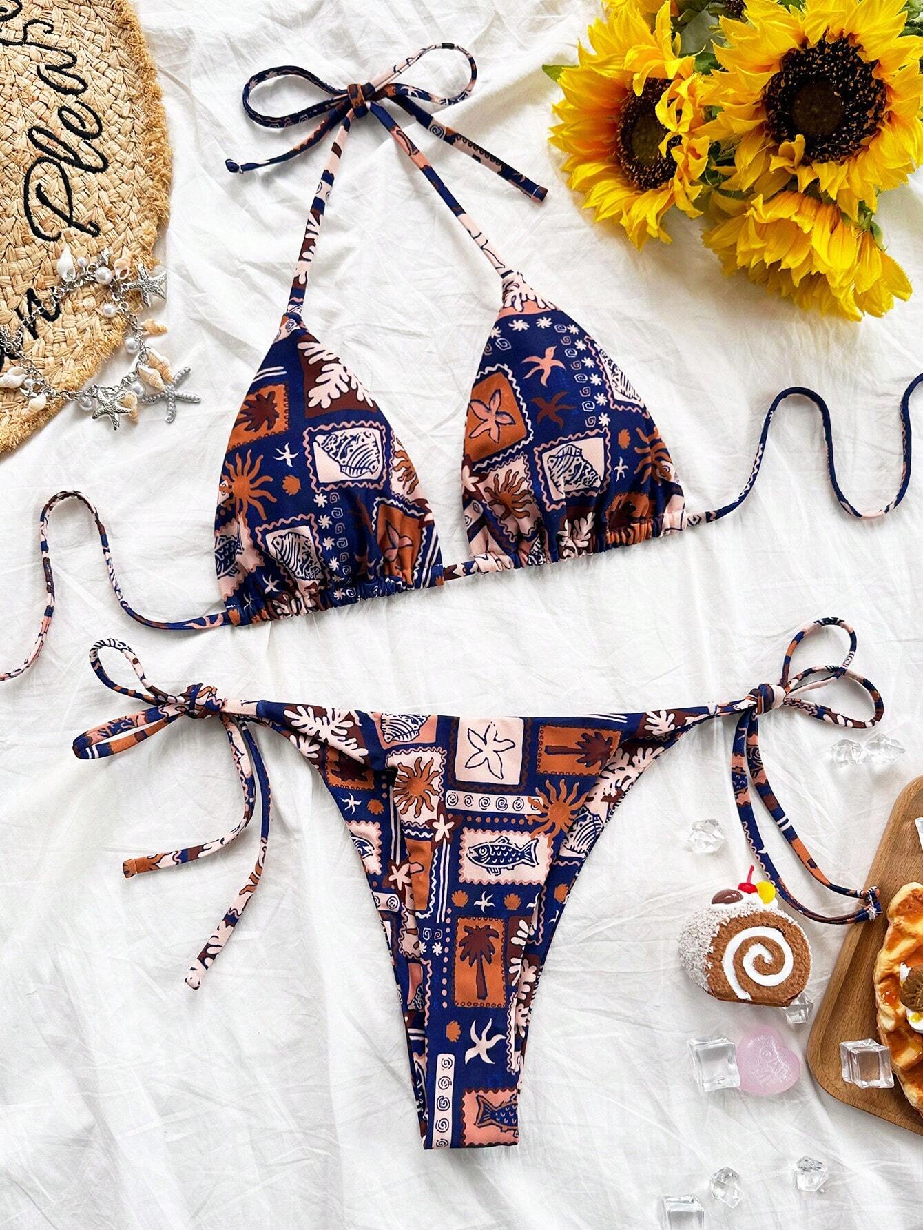 Soleia Set de 2 piezas de bikini con cuello en V, estampado colorido y cordones para mujeres para - Imagen 4