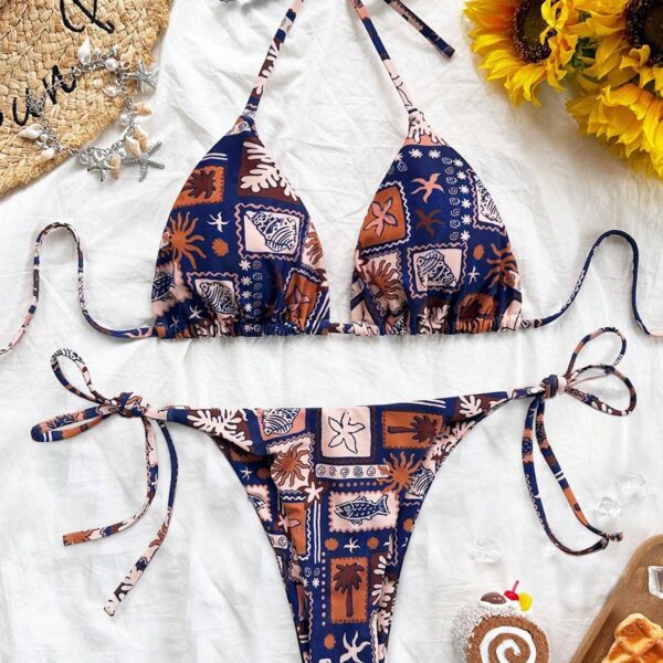 Soleia Set de 2 piezas de bikini con cuello en V, estampado colorido y cordones para mujeres para