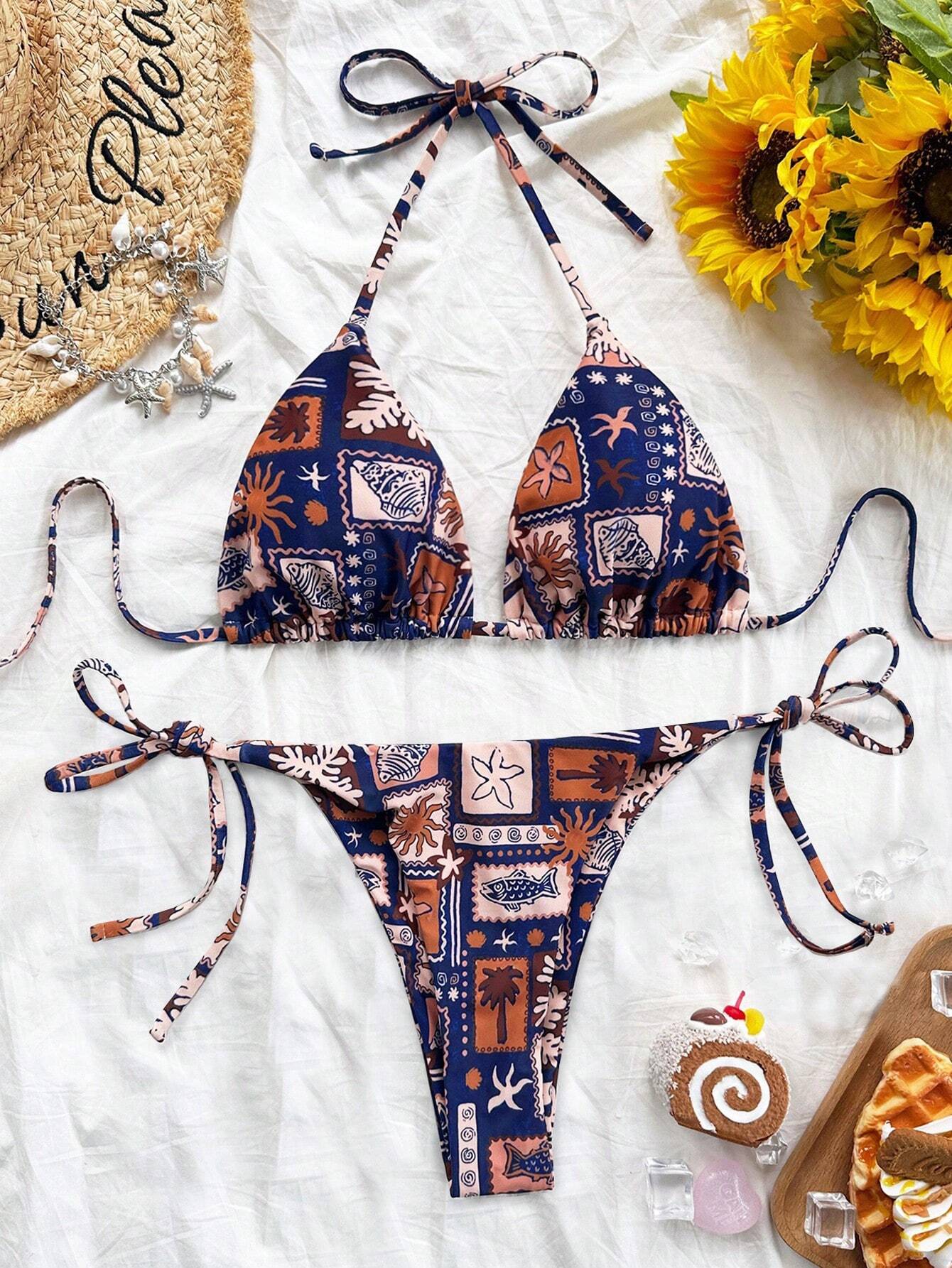 Soleia Set de 2 piezas de bikini con cuello en V, estampado colorido y cordones para mujeres para - Imagen 1