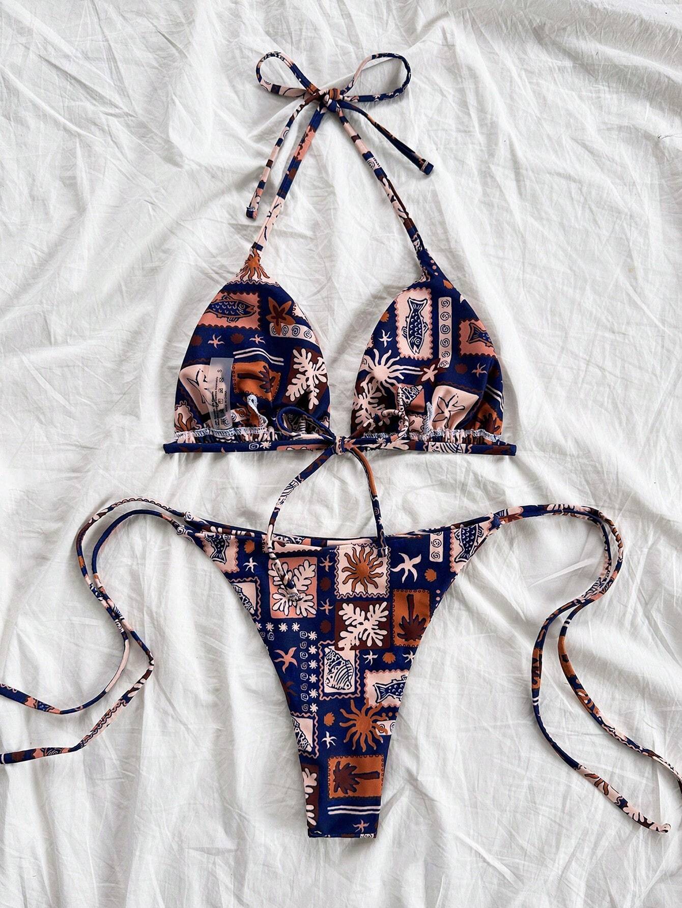 Soleia Set de 2 piezas de bikini con cuello en V, estampado colorido y cordones para mujeres para - Imagen 3