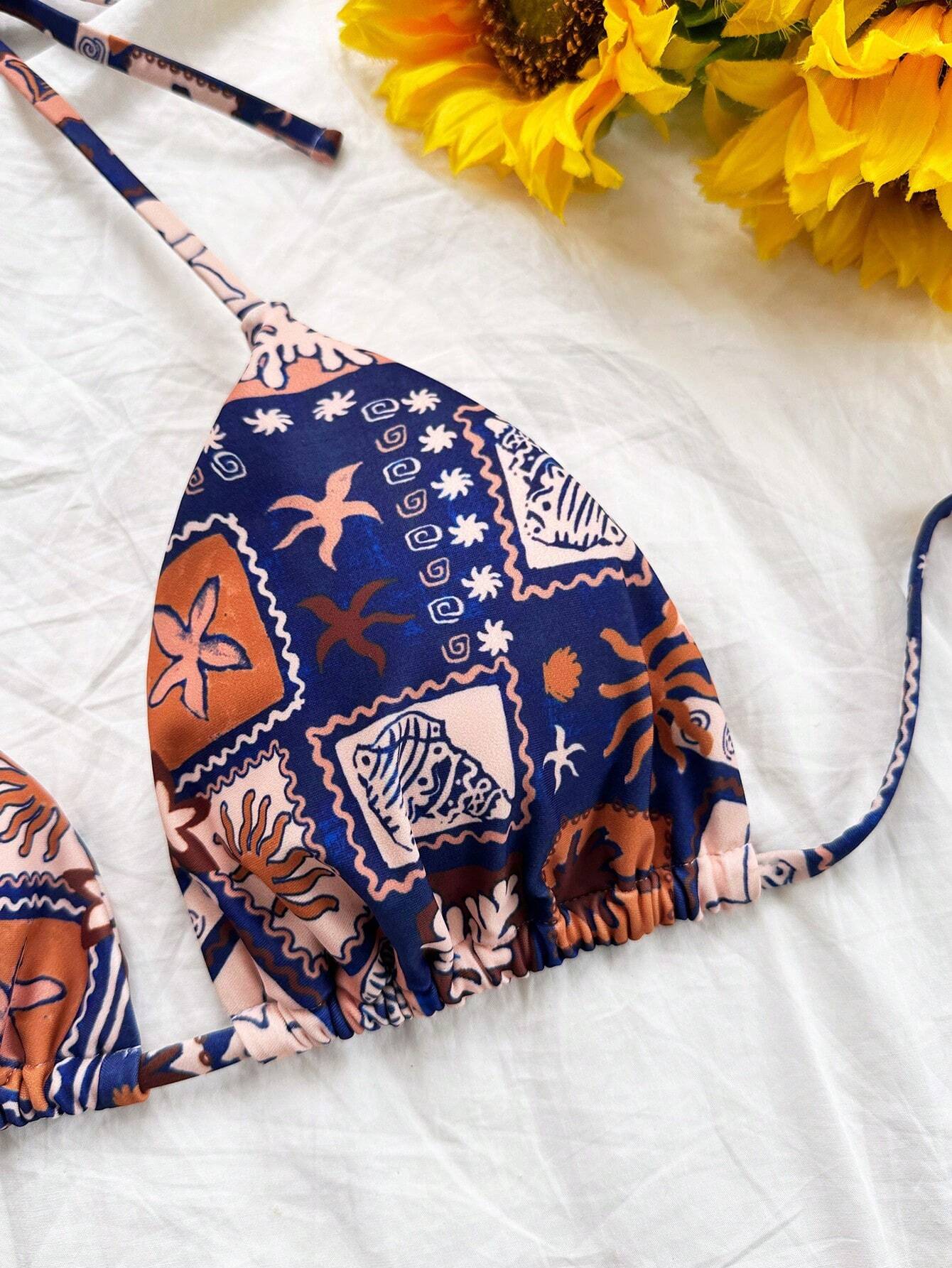Soleia Set de 2 piezas de bikini con cuello en V, estampado colorido y cordones para mujeres para - Imagen 2