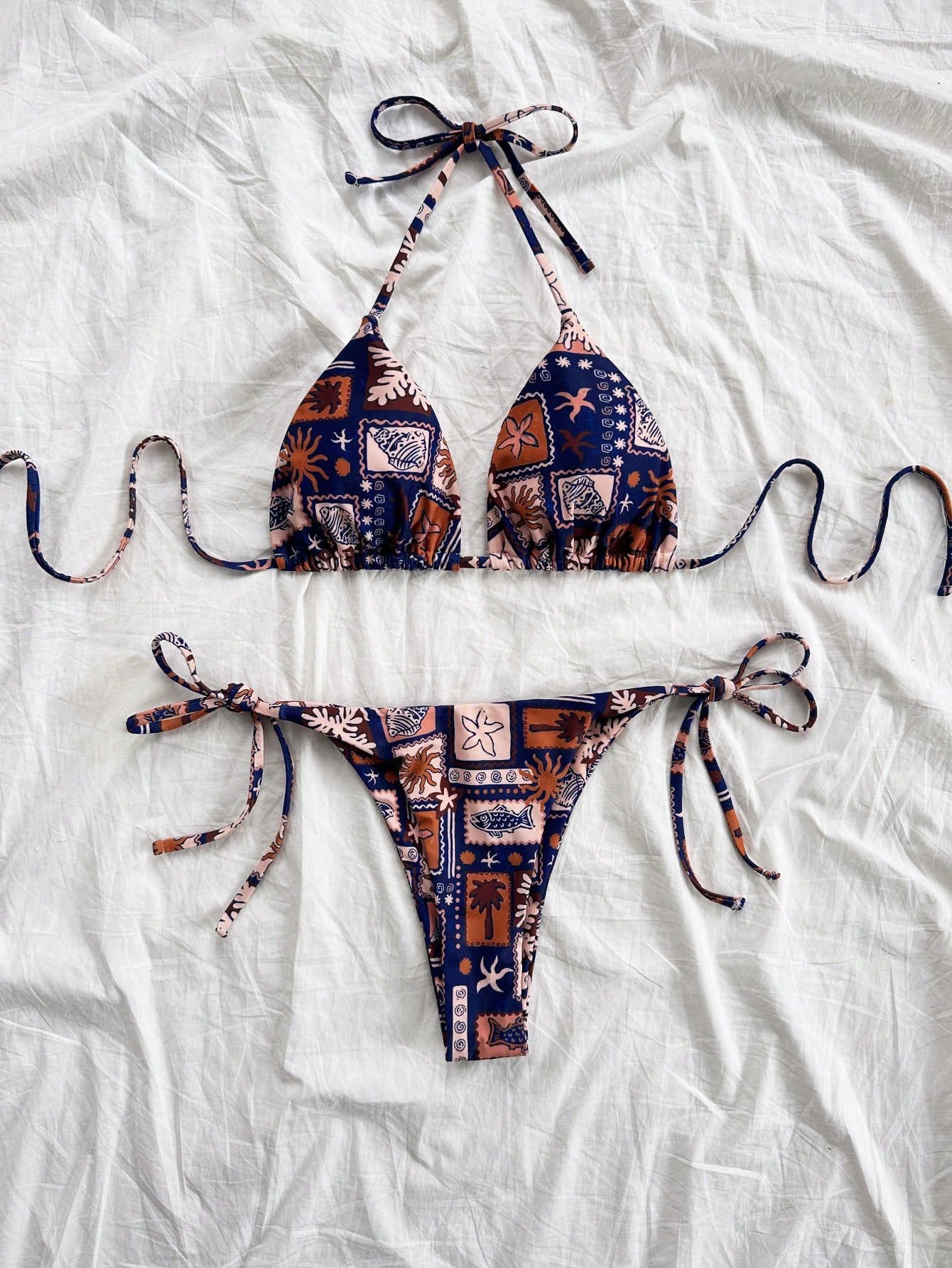 Soleia Set de 2 piezas de bikini con cuello en V, estampado colorido y cordones para mujeres para - Imagen 5