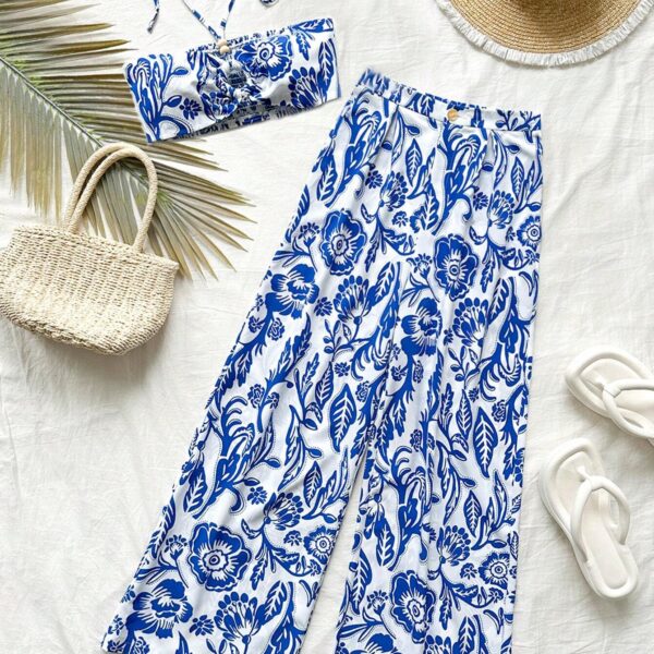 Soleia Set de 2 piezas para mujer con top bata y pantalones de pierna ancha, con estampado azul y blanco en estilo bohemio y de festival de música