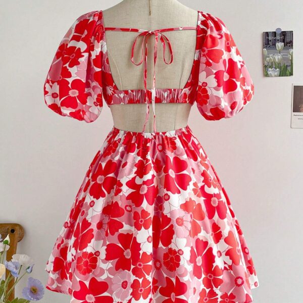 Soleia Vestido A-Line corto de manga abullonada con estampado floral de vacaciones para mujer con espalda descubierta